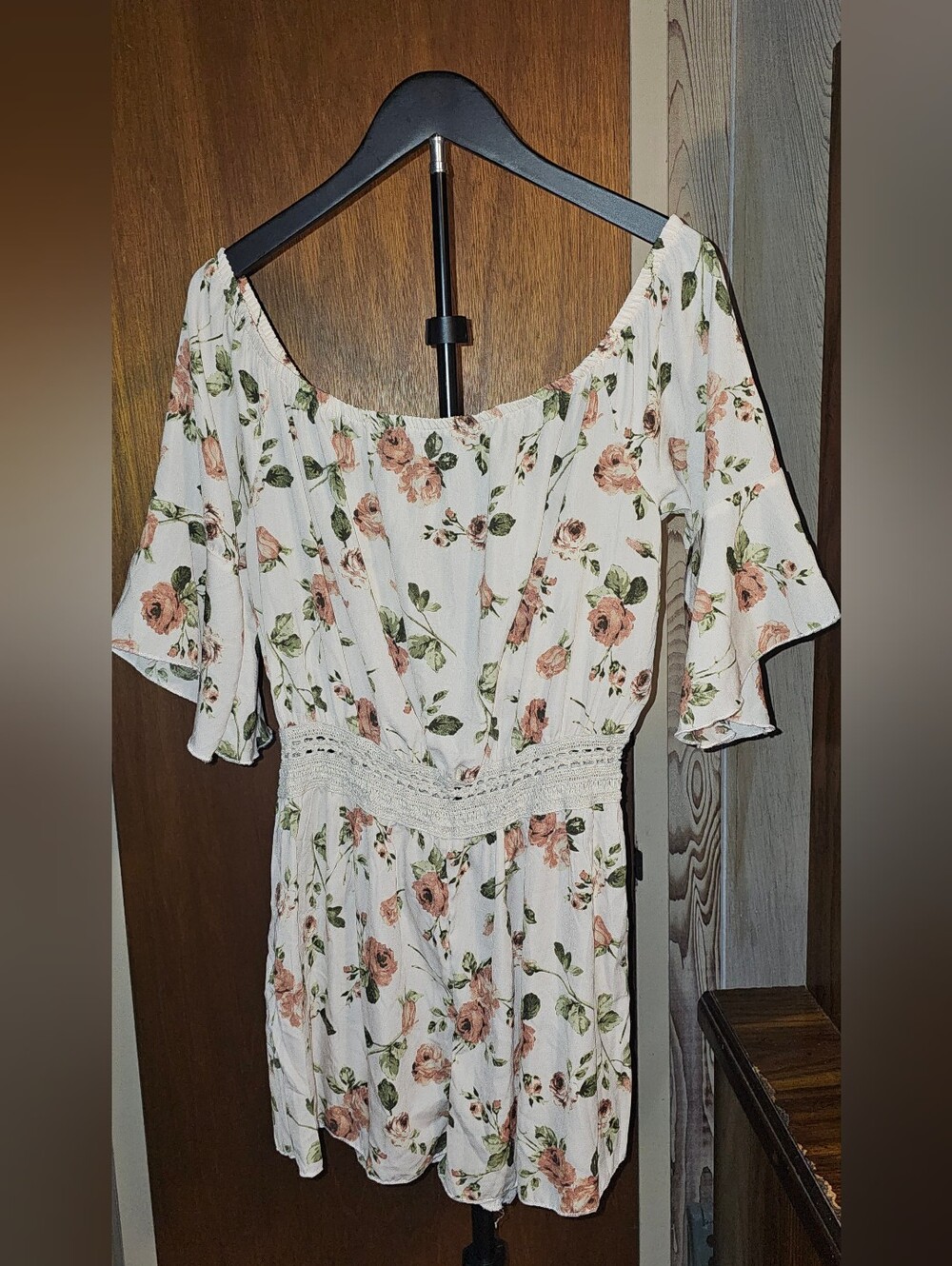 J for Justify Cream Floral Off-Shoulder Romper with Blush Roses
